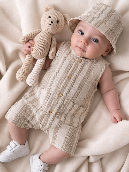 2 Piece Set with Bucket Hat - Apricot Striped Sleeveless Crew Neck Newborn Summer Jumpsuit