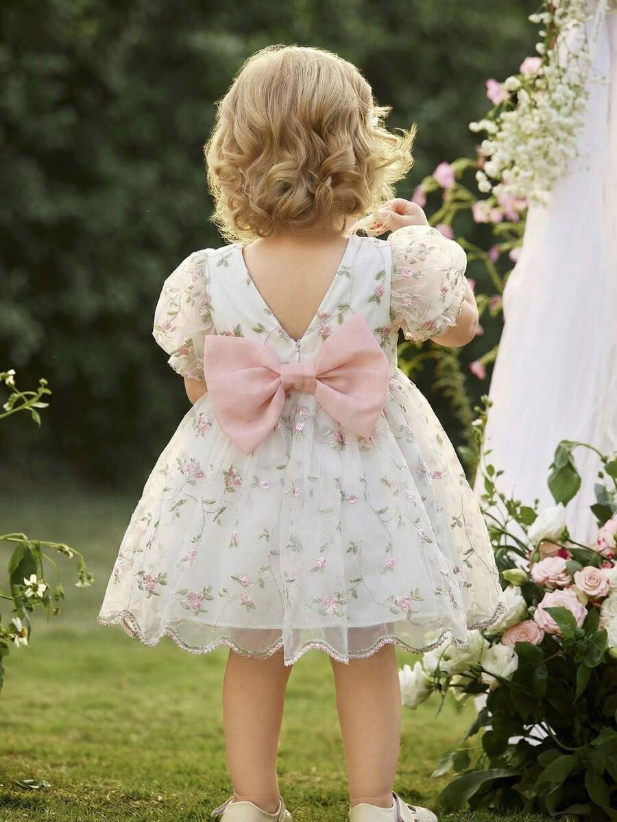 Pink Floral Mesh Embroidered Short Sleeve Dress for Baby Girls