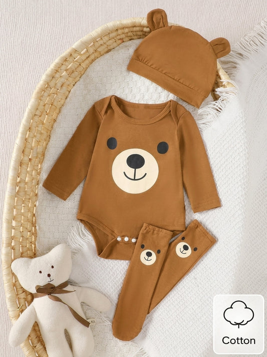 Teddy Bear Print Jumpsuit Hat and Socks Outfit Set for Cute Autumn and Winter Wear