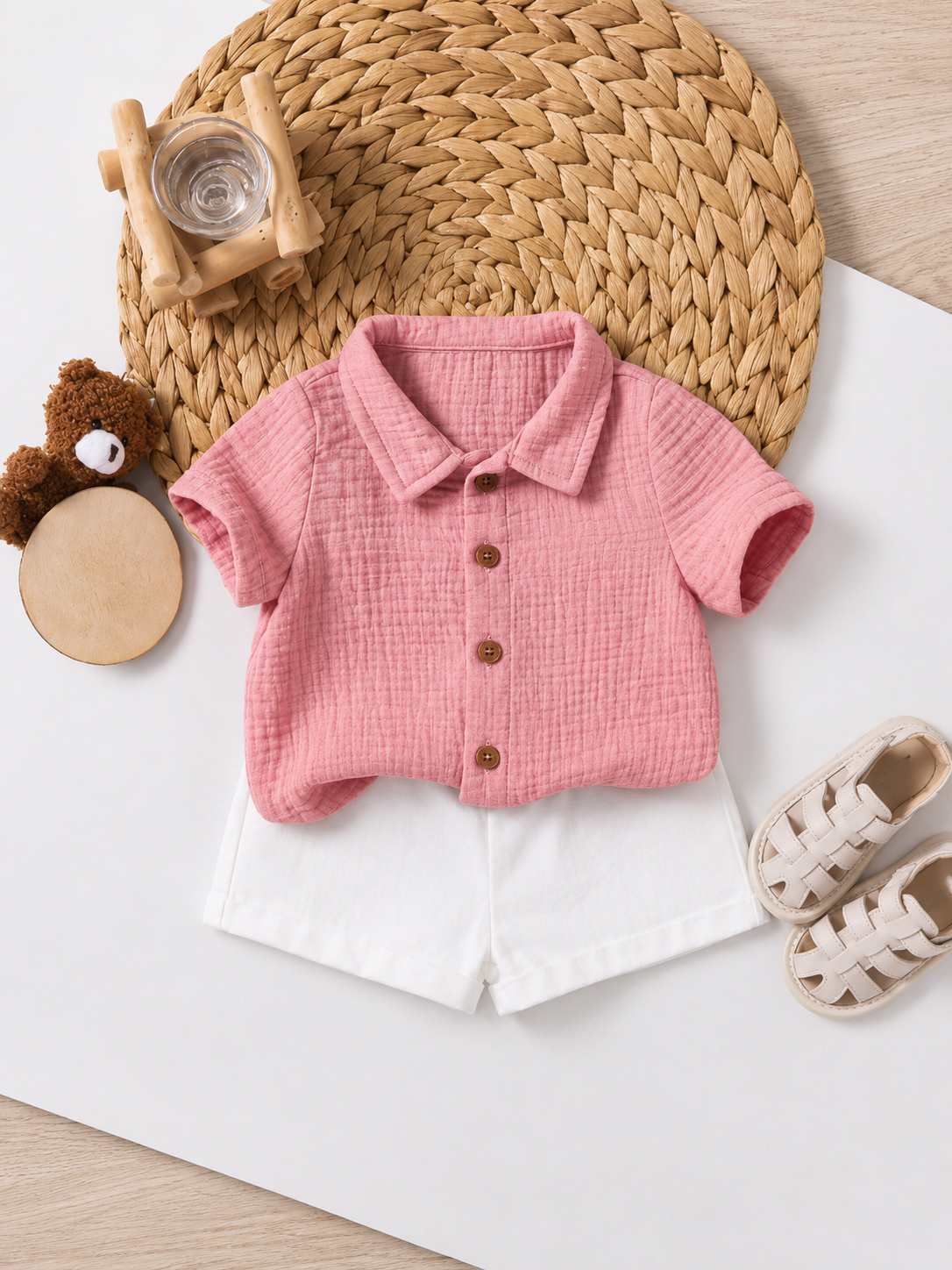 Baby Boy 2pcs Knit Jacquard Summer Set - Short Sleeve Shirt & Elastic Shorts