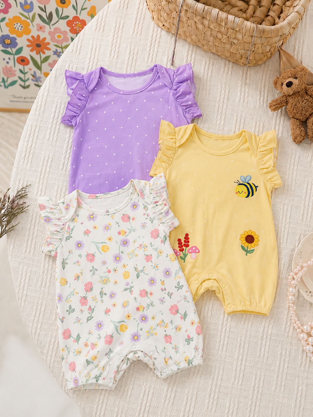 Newborn Soft Knit Summer Romper Set - 3pcs Cute Cartoon Graphic Outfits