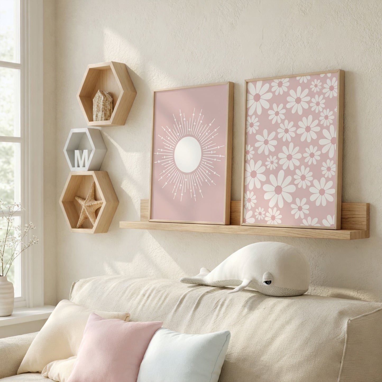 Pink Butterfly Wall Art Nursery Canvas Prints - Sun Rainbow Daisy Heart Posters - Kawaii Pictures for Kids Girl Room Decor