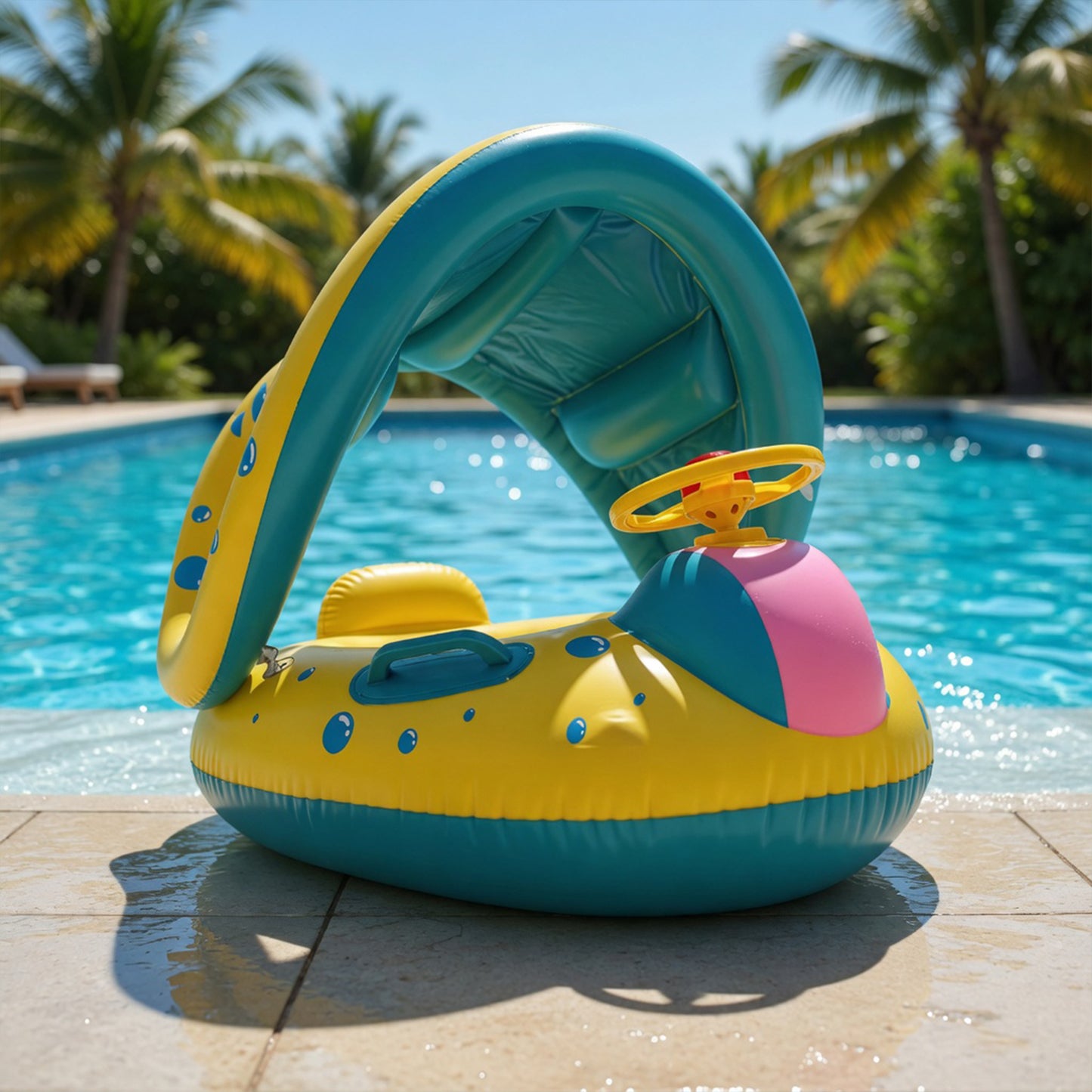 Baby Swimming Float with Canopy & Steering Wheel - Yellow Inflatable Safety Seat Ring - Portable Pool Toy for Infants