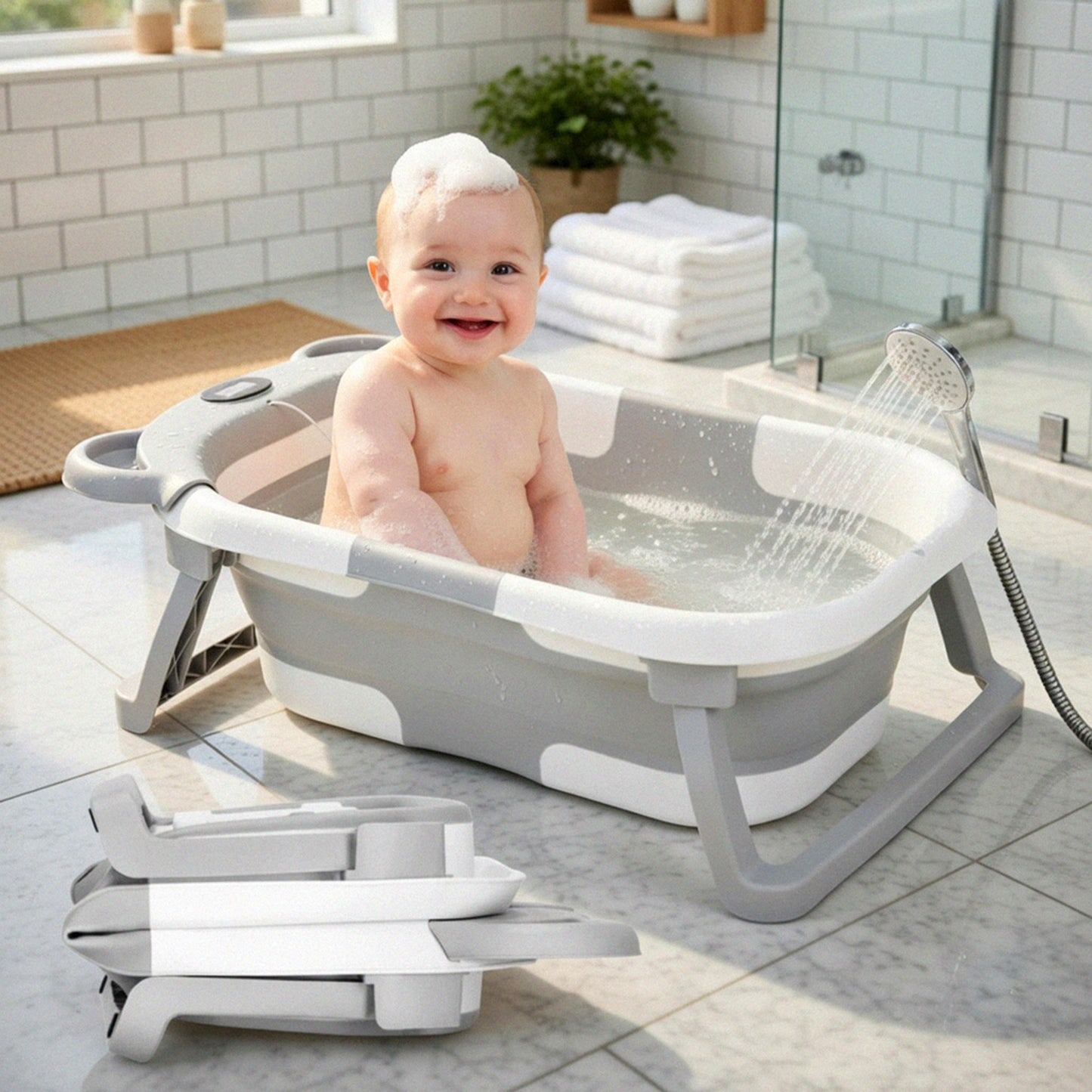 Portable Collapsible Baby Bathtub - Travel Bathtub with Smart Thermometer & Soft Floating Cushion - For Infants 0-36M