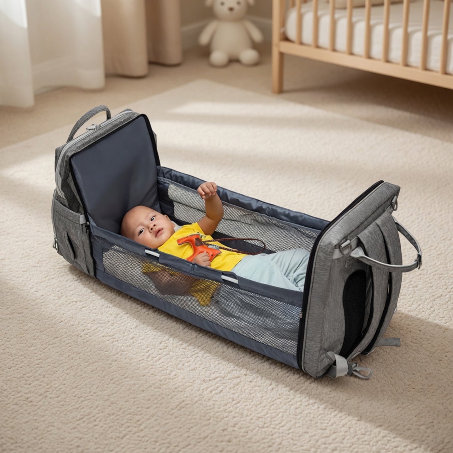 Foldable Baby Bed Diaper Bag - 3-in-1 Changing Station & Backpack - Large Capacity Insulated Mommy Bag for Travel