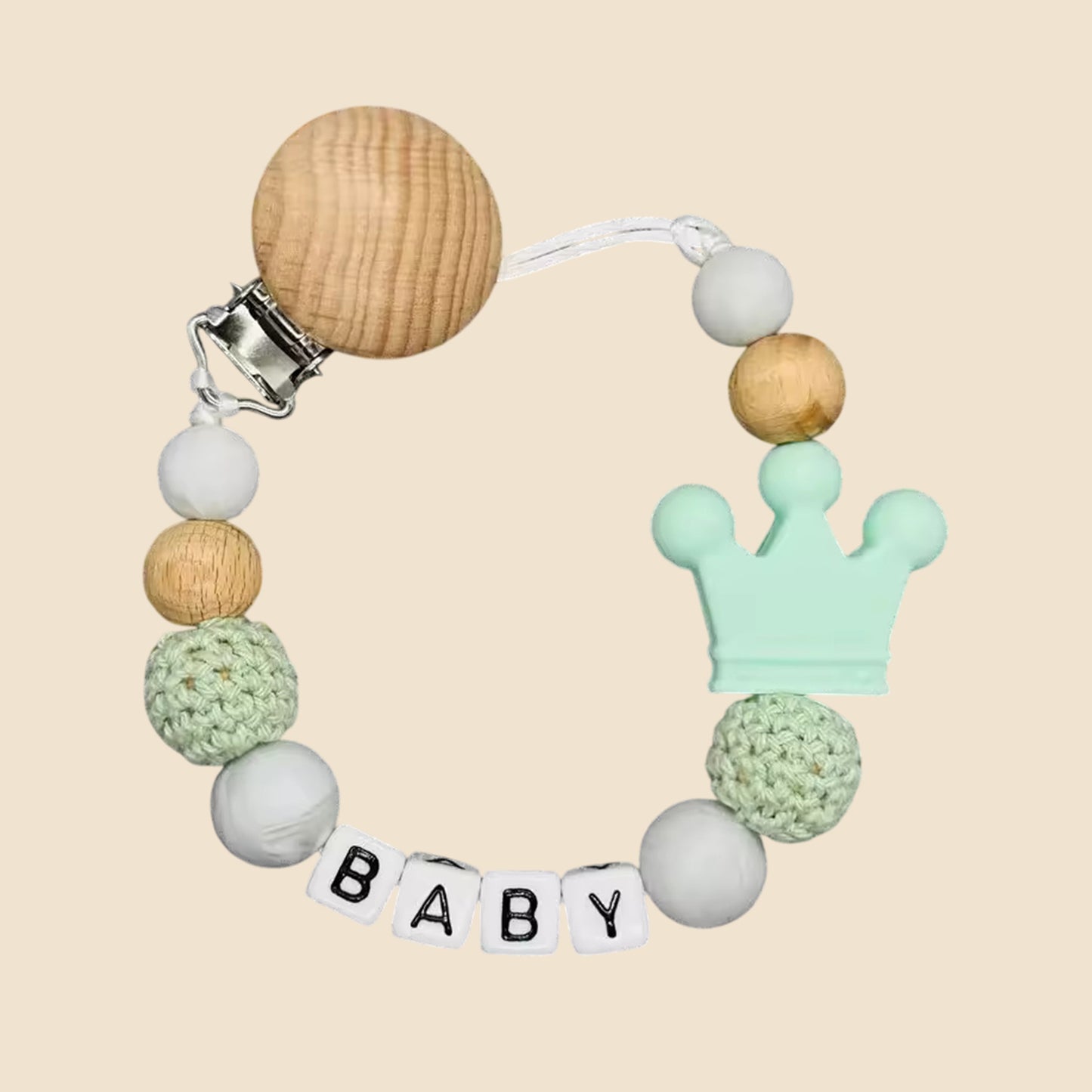 Personalized Name Pacifier Clip - Handmade Beech Wood & Silicone Chain - Crown Holder & Teething Toy Gift