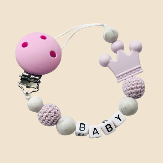Personalized Name Pacifier Clip - Handmade Beech Wood & Silicone Chain - Crown Holder & Teething Toy Gift