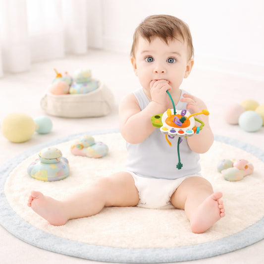 Silicone Sensory Pull Toy - 3-in-1 Baby Teether & Rattle Set - Learning & Development Toy for 6-12 Months