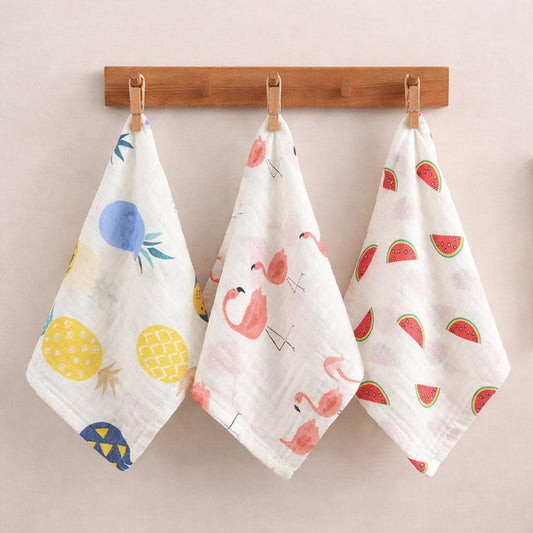 5-Piece 100% Cotton Gauze Baby Square Towels - 31x31cm Newborn Face & Hand Cloths - Cartoon Feeding Bibs & Bathing Handkerchiefs