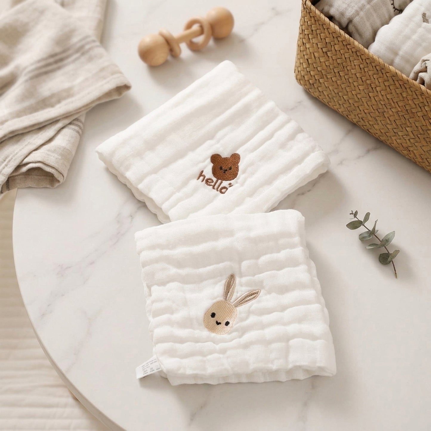 Embroidered 6-Ply Cotton Baby Towels: Versatile Washcloth for Face & Hands, Soft Burp Cloth, and Toddler Feeding Bib