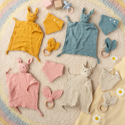 3Pcs Baby Muslin Towel Set - Soft Cotton Triangle Bib & Rabbit Ear Wooden Teether - Premium Saliva & Teething Kit for Newborns