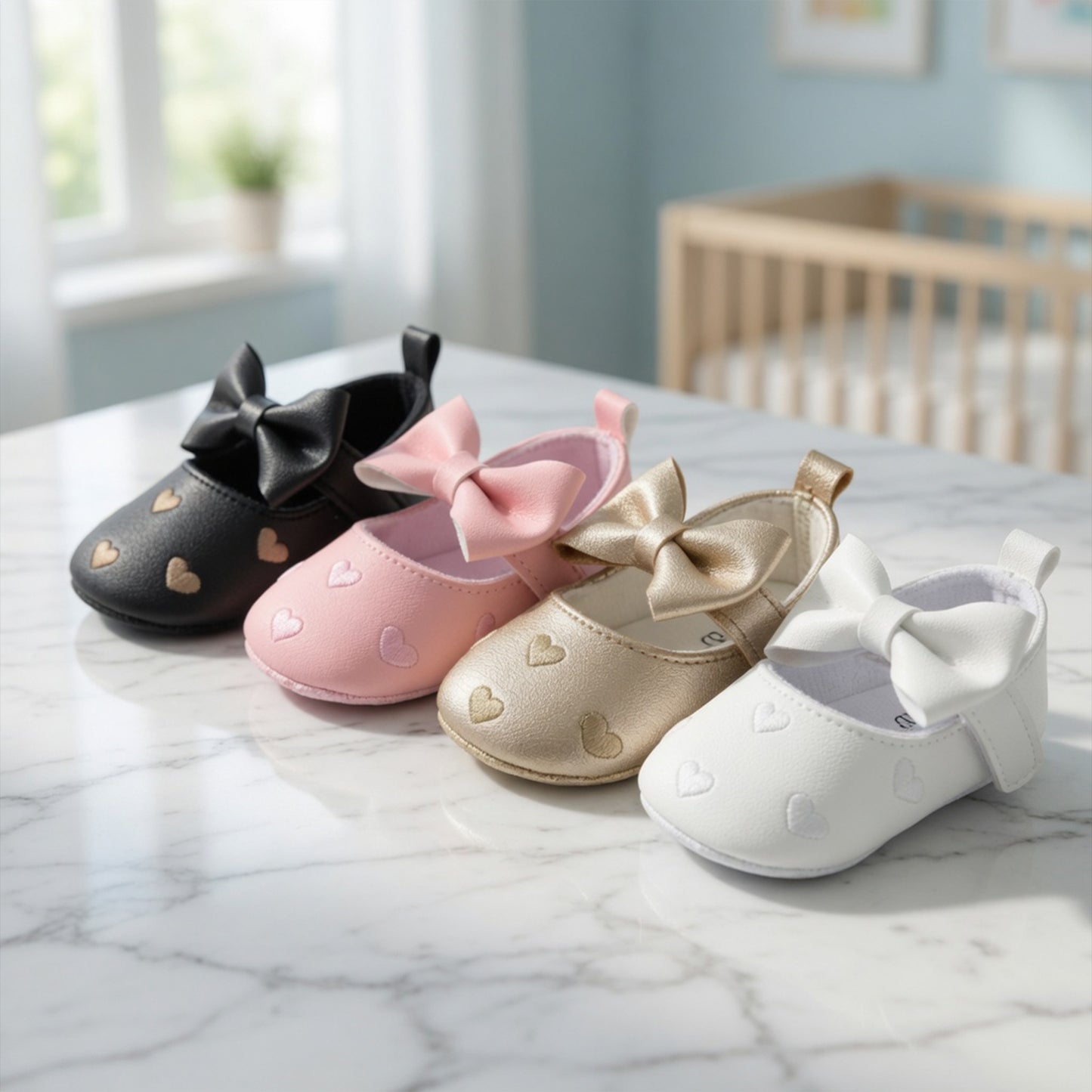 Classic Baby Girl Dress Shoes - Cute Bow-knot & Heart Anti-Slip First Walkers (0-18M)