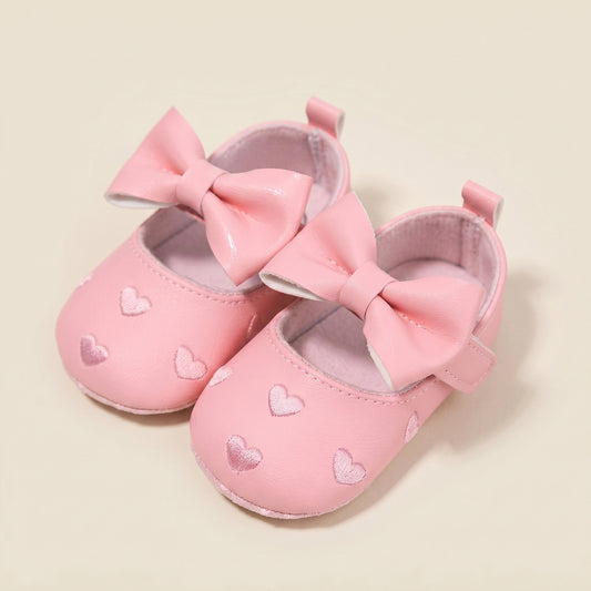 Classic Baby Girl Dress Shoes - Cute Bow-knot & Heart Anti-Slip First Walkers (0-18M)