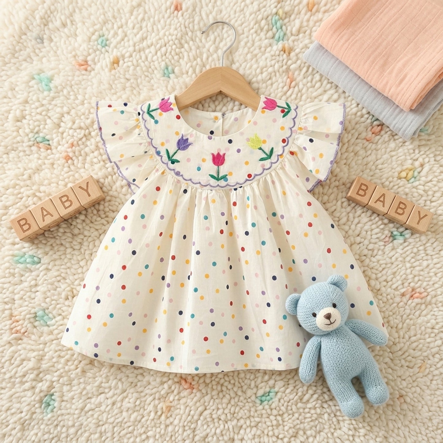 Baby Girl Flower Embroidered Dress - Breathable Polka Dot Printed Cotton Sunsuit - Casual Summer Outfits