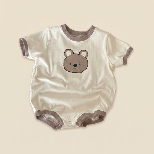 Infant Cartoon Bear Print Romper - Short Sleeve Triangular Bodysuit - Summer Cotton Jumpsuit 0-2Y
