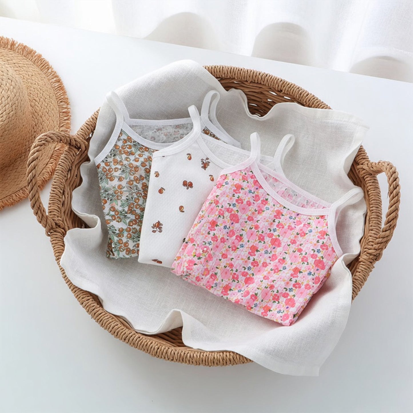 Baby Girl Summer Spaghetti Strap Set - 100% Cotton Camisole & Shorts Outfits - Cute Square Collar Pajamas