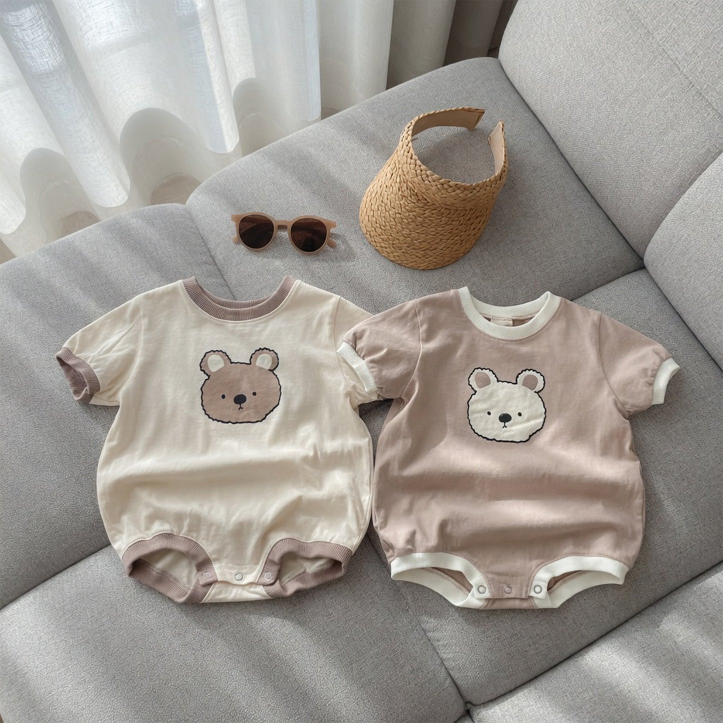 Infant Cartoon Bear Print Romper - Short Sleeve Triangular Bodysuit - Summer Cotton Jumpsuit 0-2Y