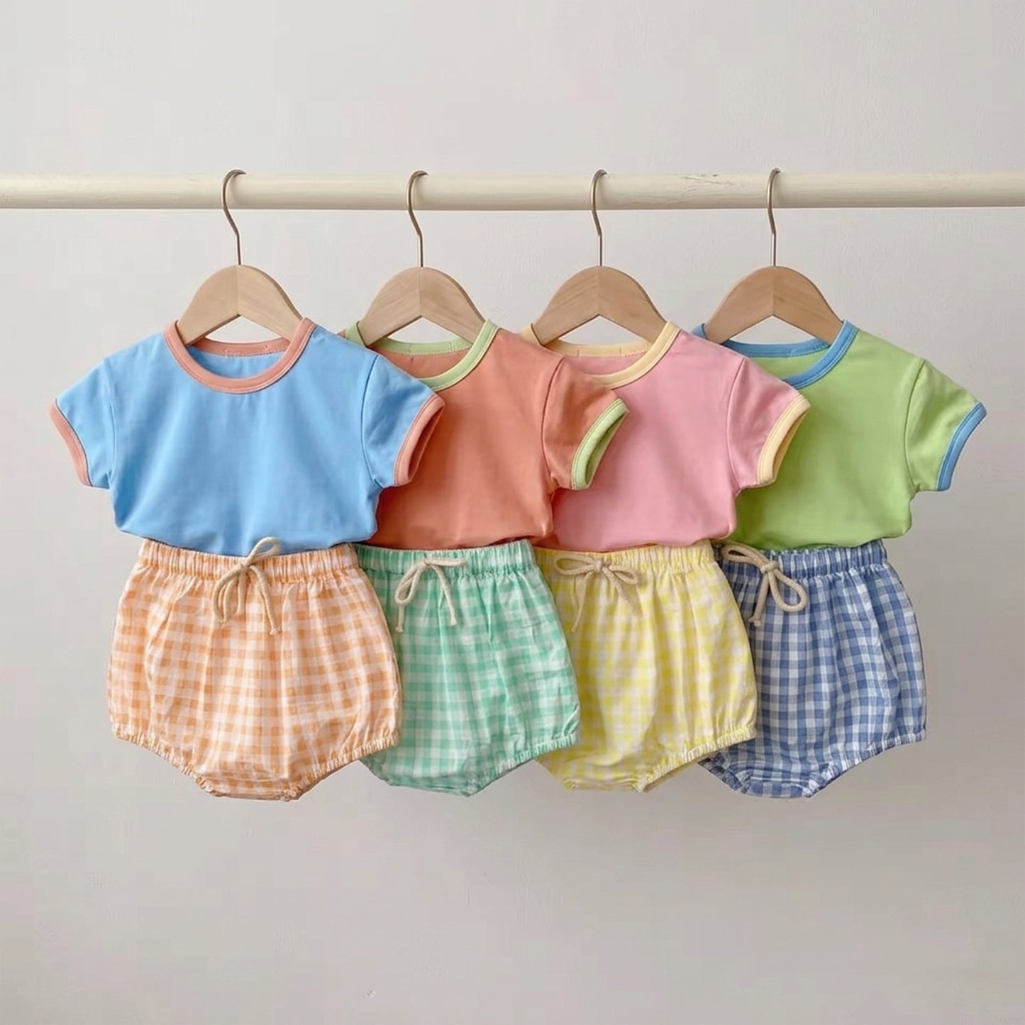 2Pcs Baby Summer Clothing Set - Short Sleeve Tee with Plaid Shorts - Soft Breathable Outfits for Boys & Girls 0-2Y
