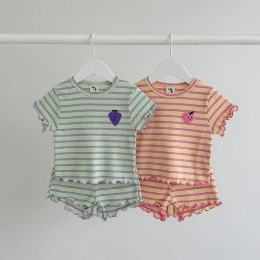 Summer Baby Girl Clothing Set - Striped Ear Edge Tops & Shorts - Grape & Peach Pattern 2Pcs Suit