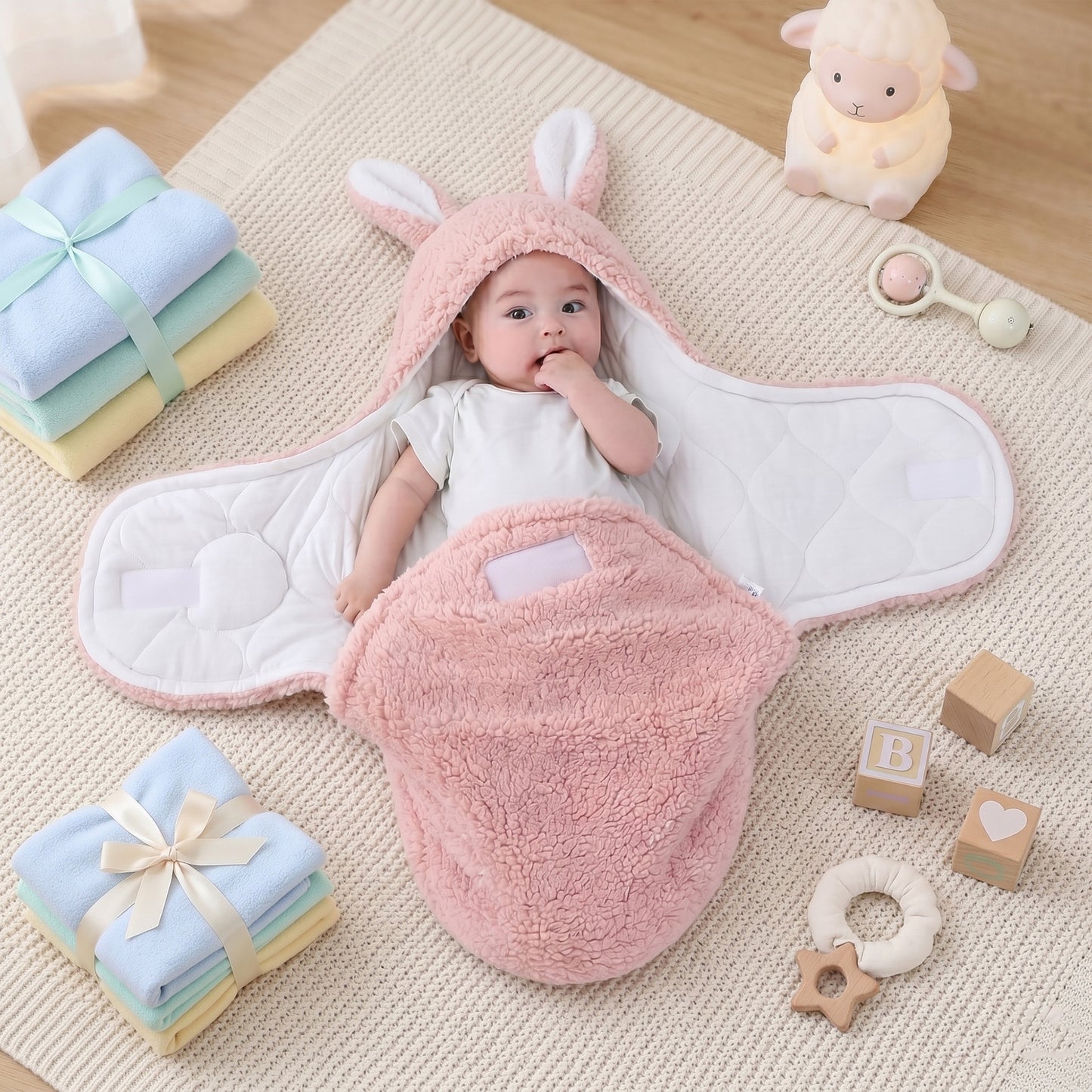 Ultra-Soft Fluffy Fleece Baby Swaddle - Newborn Sleeping Bag with Head Support
