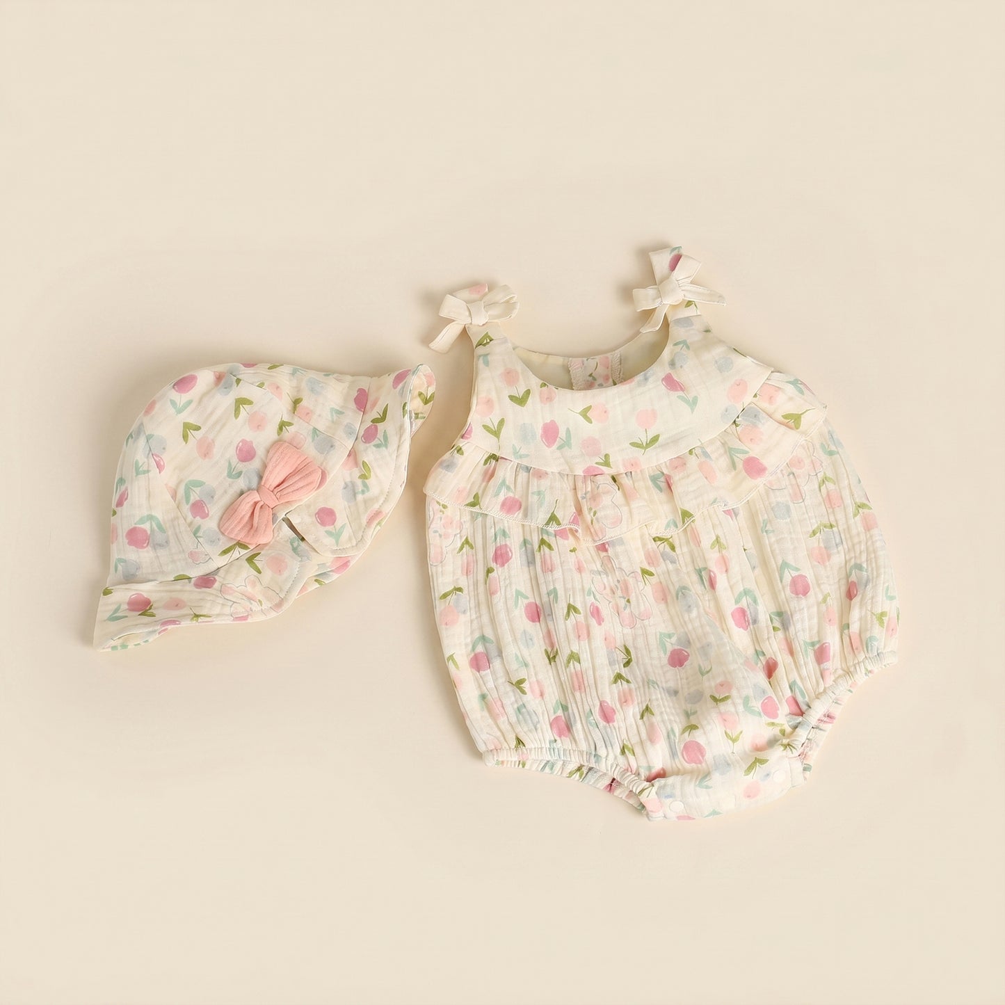 Baby Girl Ruffle Camisole Romper - Cotton Tulip Rabbit Print Jumpsuit & Hat Set - Infant Summer Clothing 0-24M