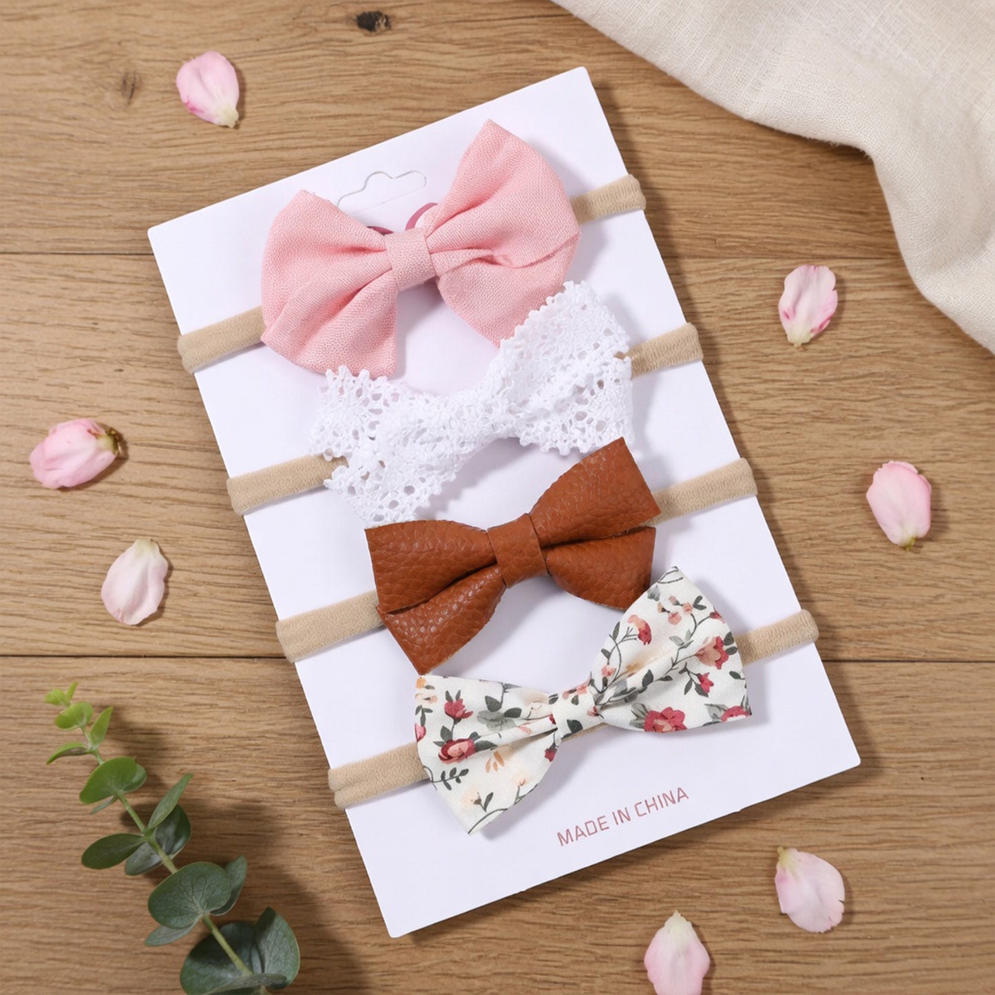 4-5Pcs/Set Baby Bow Headbands - Cotton Linen & Lace Fabric - Leopard Print Newborn Hair Accessories for Girls