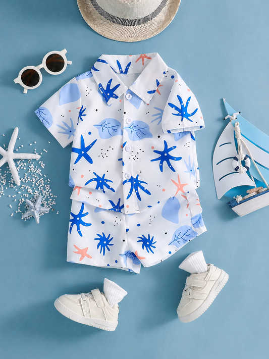 2pcs/Set Baby Boy Tropical Plant Pattern Vacation Outfit (6M-3T)