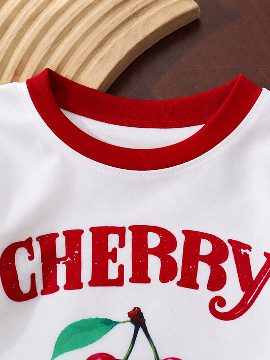 Cherry Print T-Shirt and Embroidery Pattern Contrast Shorts Set for Baby Girls