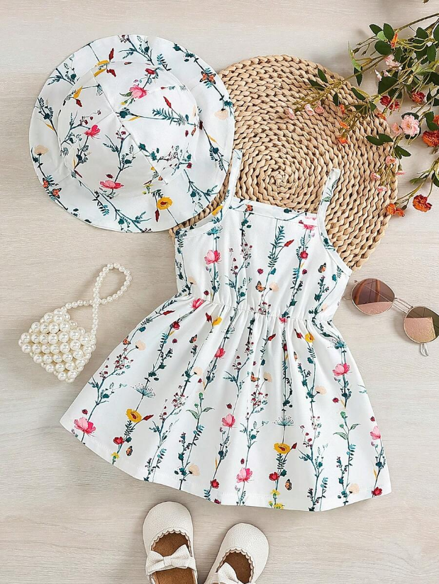 Toddler Girl 2pcs Casual Bee Print Sun Dress Set with Matching Bucket Hat - Comfortable Summer Clothes