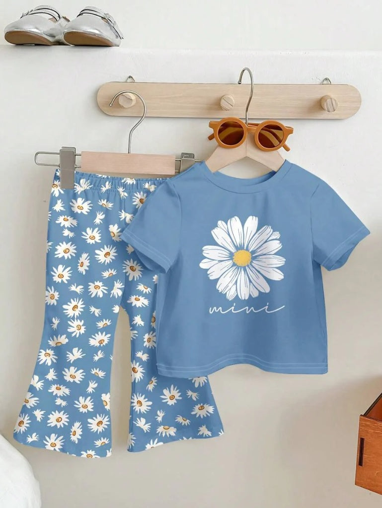 Soft Round Neck Short Sleeve Top and Flexible Flare Leg Trousers Casual Spring Summer Clothes Set for Girls