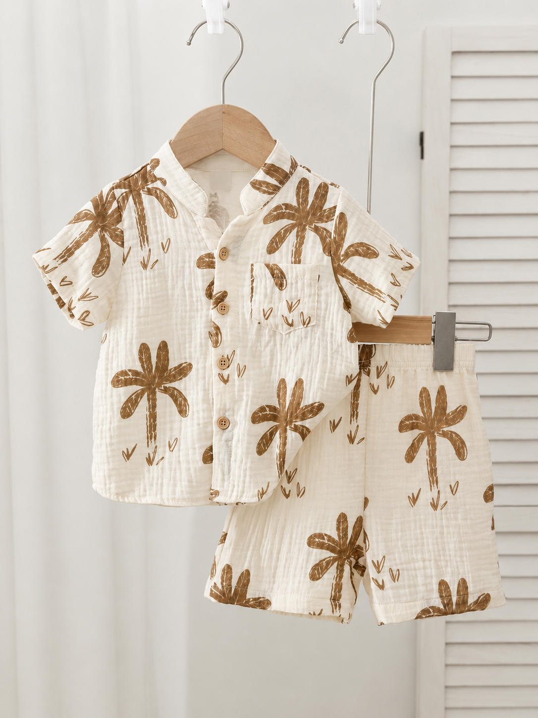 Toddler Boy Summer Vacation Outfit: Plant Print Shirt and Elastic Waist Shorts