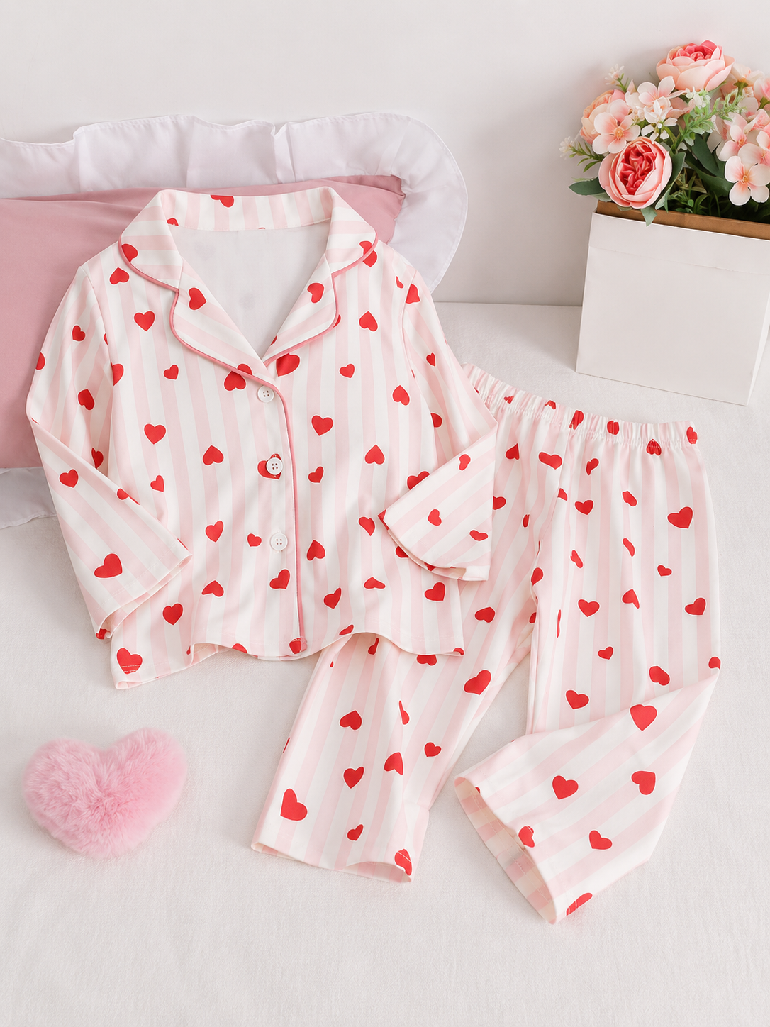 Baby Girl Heart and Stripe Print Long Sleeve Top and Pants Pajama Set - Fall Winter Outfits for Toddlers