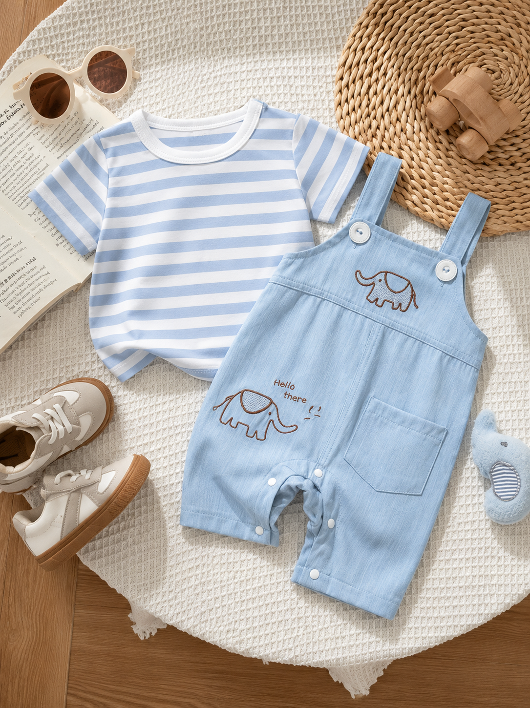 Playful Pals Baby Boy Bear Embroidery Romper - Summer Casual Pocket Jumpsuit