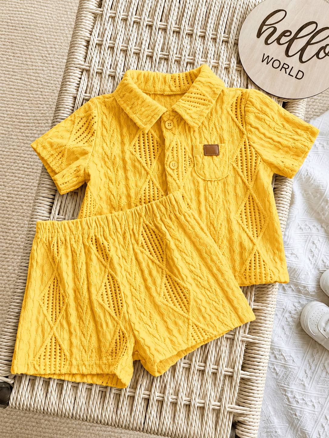 Baby Boy 2pcs Knit Jacquard Summer Set - Short Sleeve Shirt & Elastic Shorts