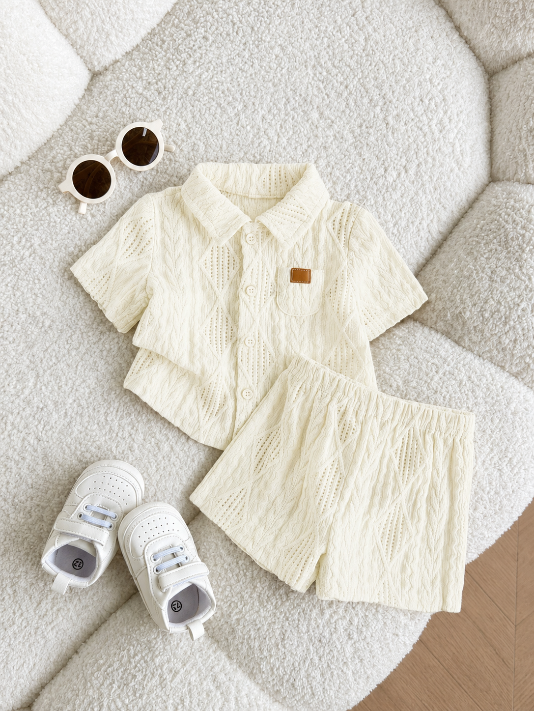 Baby Boy 2pcs Knit Jacquard Summer Set - Short Sleeve Shirt & Elastic Shorts