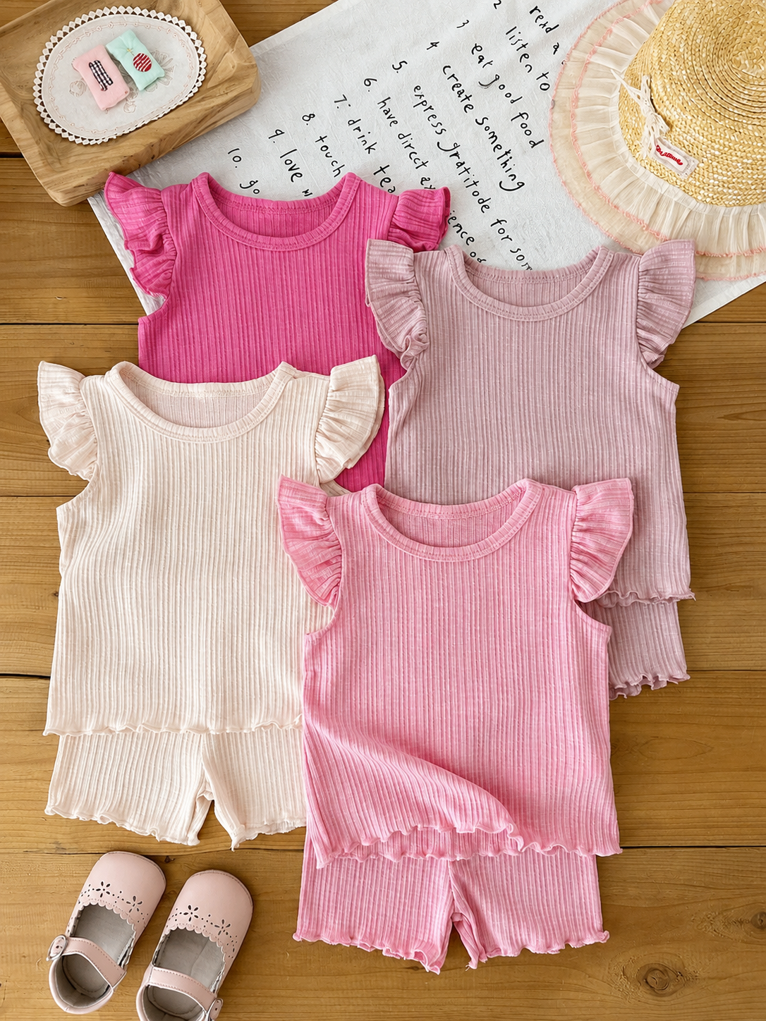 8-Piece Multi-Color Ribbed Short Sleeve Top and Shorts Set for Baby Girls