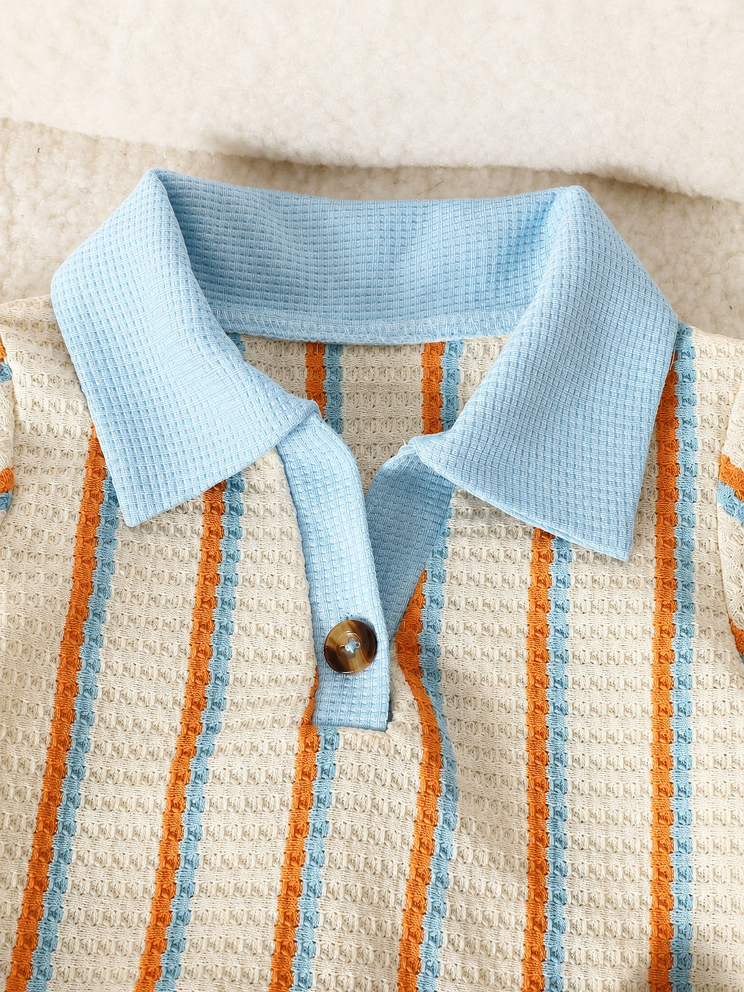 Playful Pals Baby Boy Khaki OOTD: Textured V-Neck and Striped Outfit