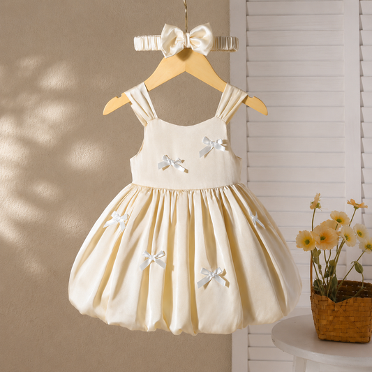 Baby Girl Pink Satin Bow Party Dress - Princess Elegant Style with Headband