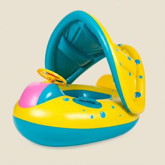 Baby Swimming Float with Canopy & Steering Wheel - Yellow Inflatable Safety Seat Ring - Portable Pool Toy for Infants