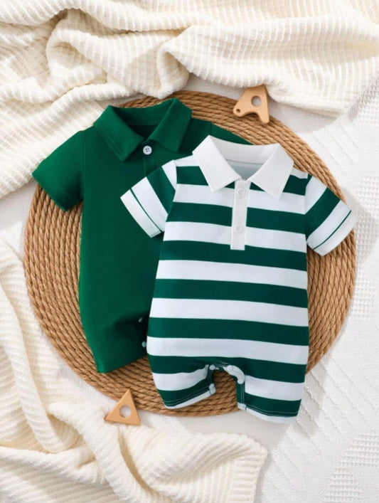 2PCS Baby Color Block Stripe Collared Romper and Shorts Set for Casual Daily Wear