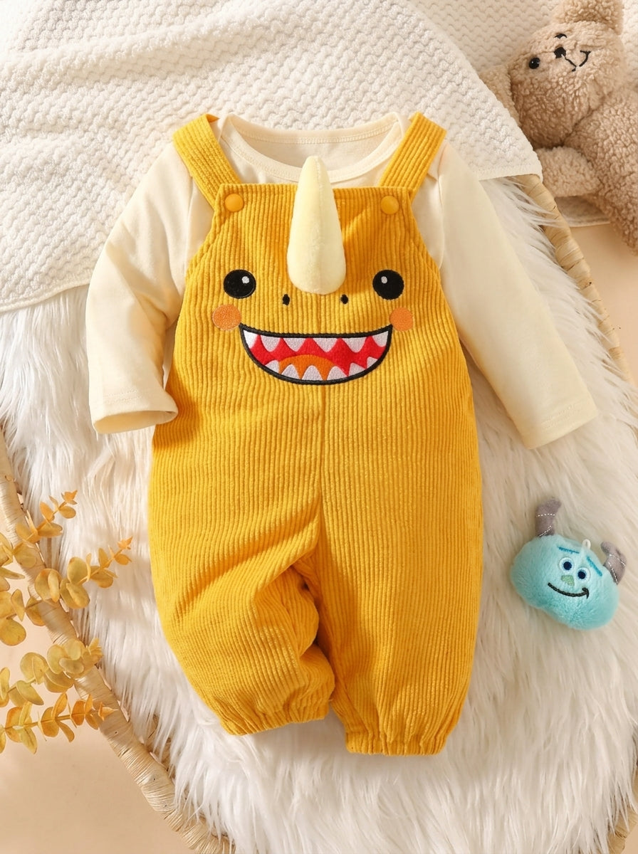 Corduroy Overalls Long Sleeve T Shirt and Dragon Hat Outfit Set for Cute Autumn Daily Wear