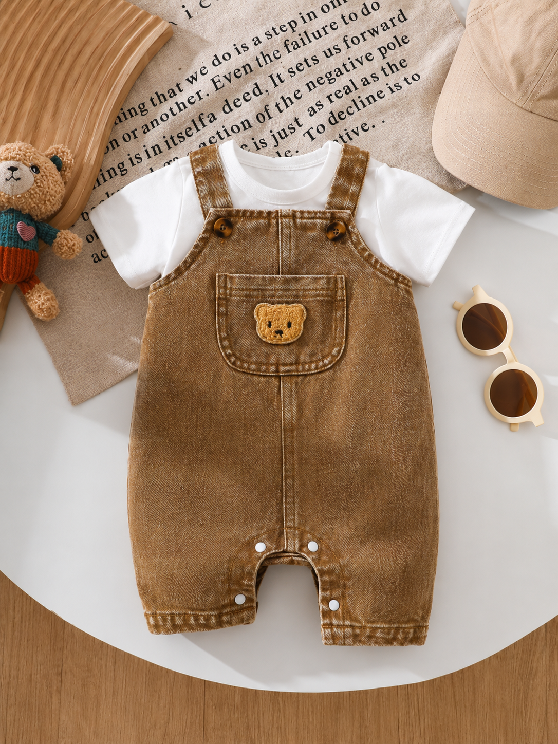Playful Pals Baby Boy Bear Embroidery Romper - Summer Casual Pocket Jumpsuit