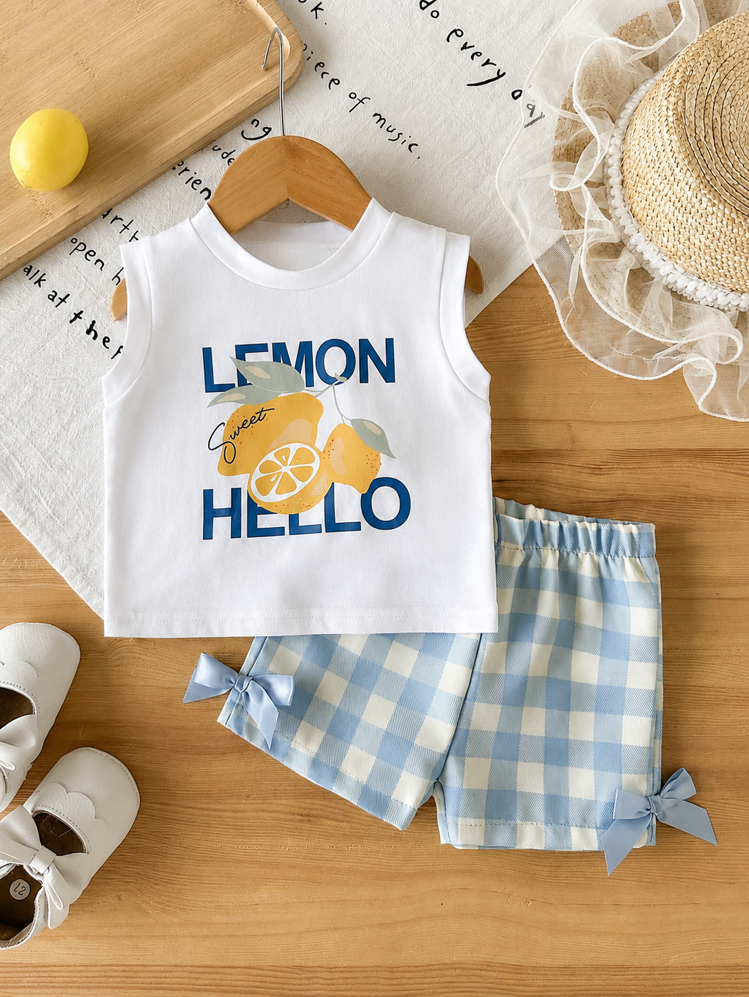 Baby Girl 2pcs Summer Blue Textured Top & Plaid Shorts Outfit