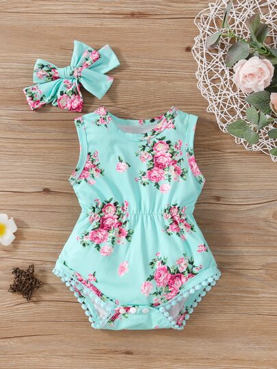 Baby Girl Floral Print Bodysuit With Matching Headband Cute Everyday Outfit