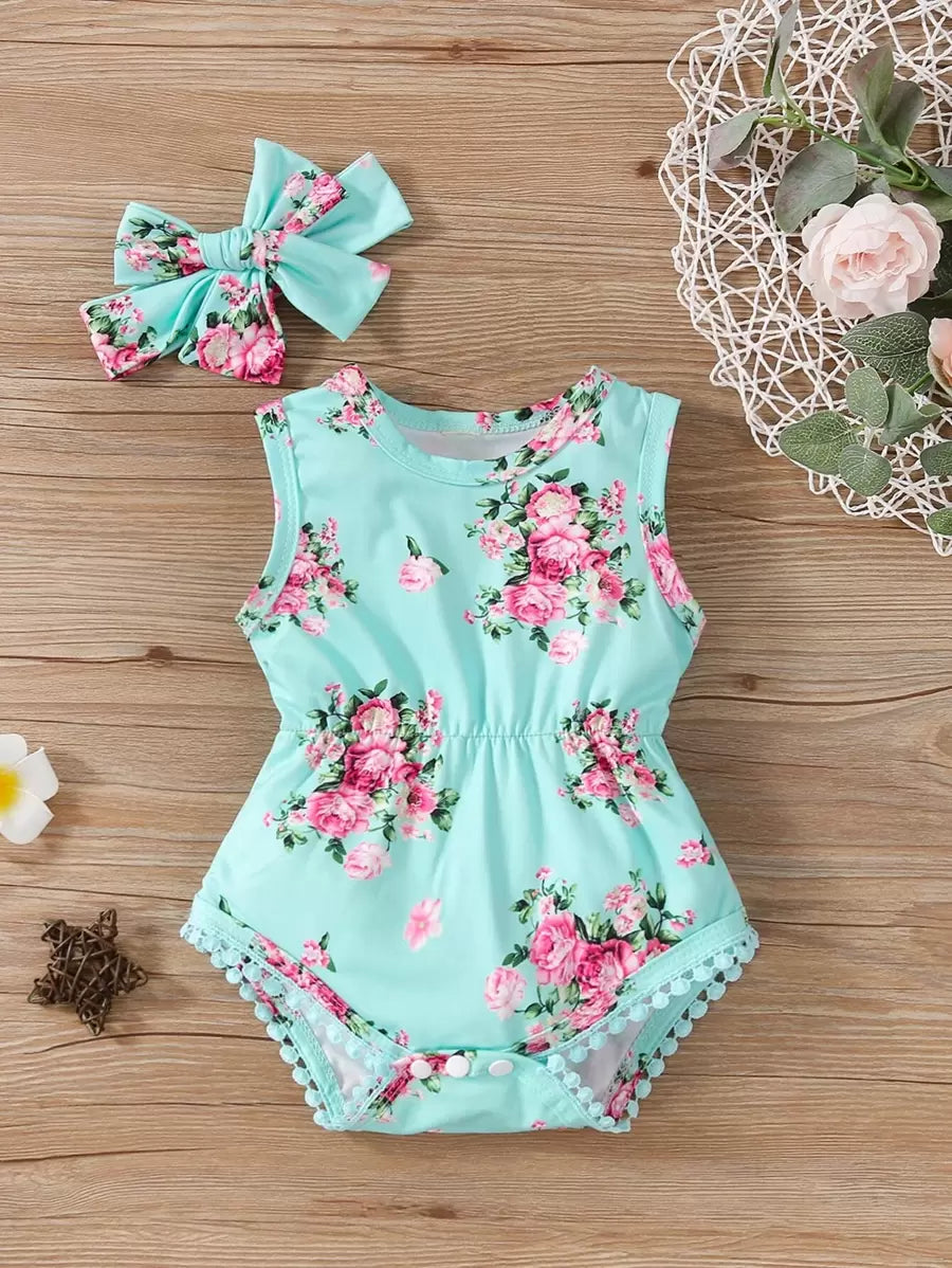 Baby Girl Floral Print Bodysuit With Matching Headband Cute Everyday Outfit