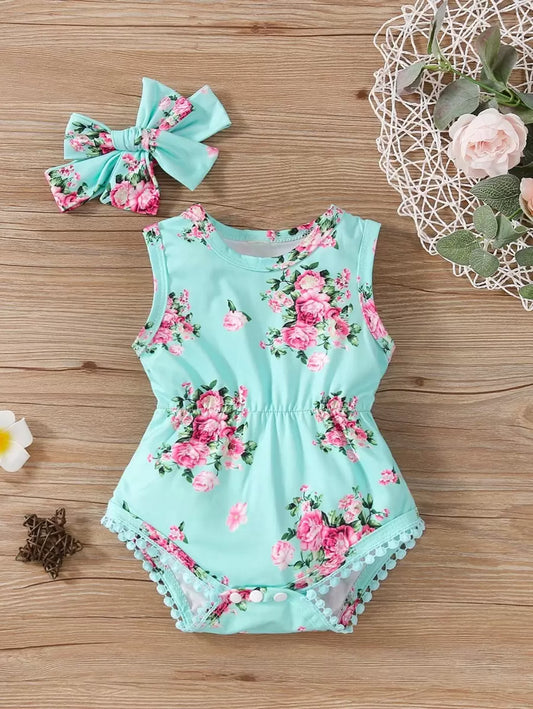 Baby Girl Floral Print Bodysuit With Matching Headband Cute Everyday Outfit