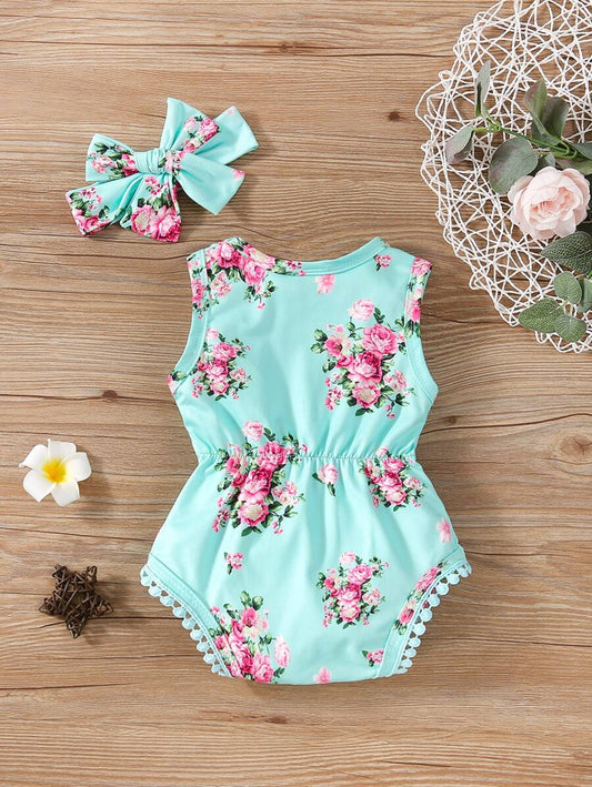 Baby Girl Floral Print Bodysuit With Matching Headband Cute Everyday Outfit