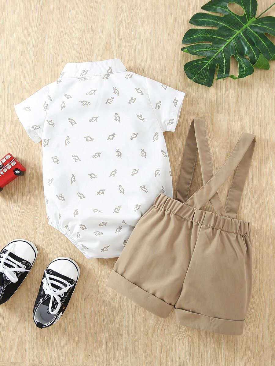 Cute Dinosaur Pattern Short Sleeve Jumpsuit with Matching Suspender Overall Shorts for Baby Boys