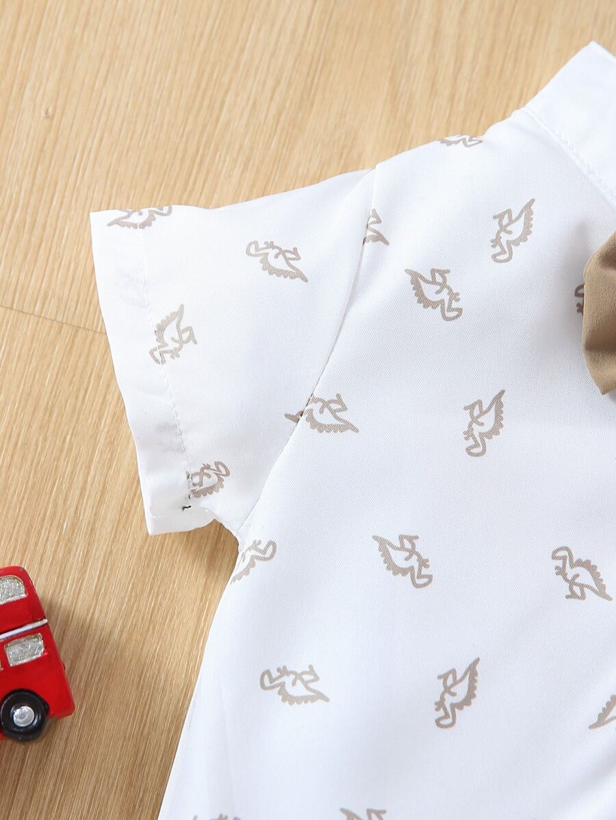 Cute Dinosaur Pattern Short Sleeve Jumpsuit with Matching Suspender Overall Shorts for Baby Boys