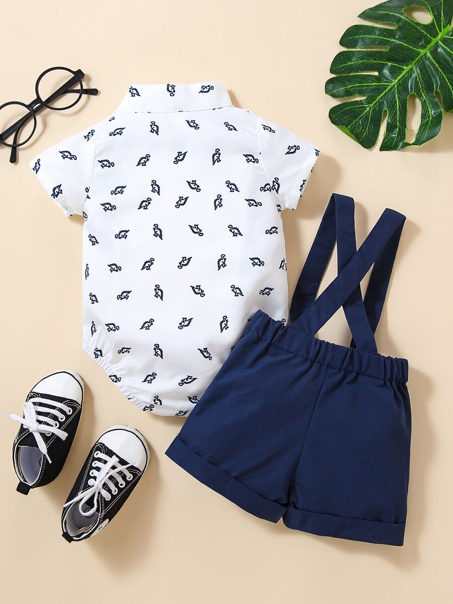 Cute Dinosaur Pattern Short Sleeve Jumpsuit with Matching Suspender Overall Shorts for Baby Boys